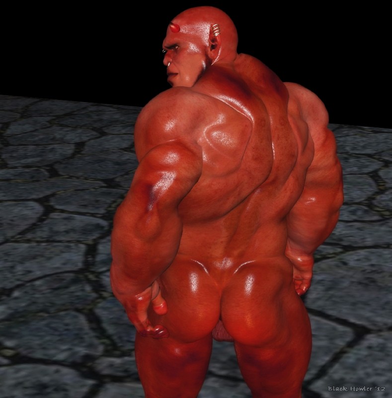 backsack balls butt ear_piercing facial_piercing genitals horn male muscular muscular_humanoid muscular_male not_furry piercing rear_view red_body red_eyes red_skin solo black_howler demon humanoid