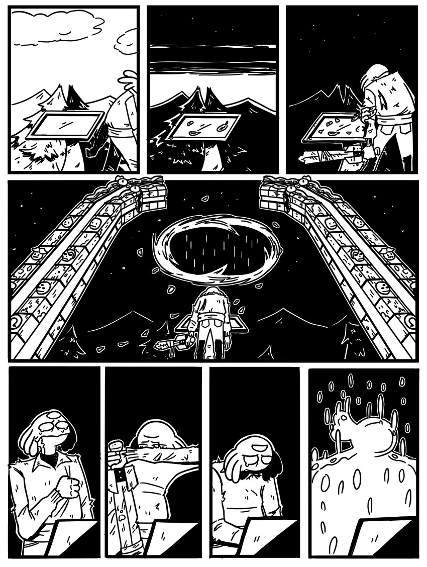 anthro bodily_fluids crying male plant portal tears tree afuckingcamel-zenge-art_(artist) chucklefish starbound kenta_(afuckingcamel) alien hylotl black_and_white comic hi_res monochrome