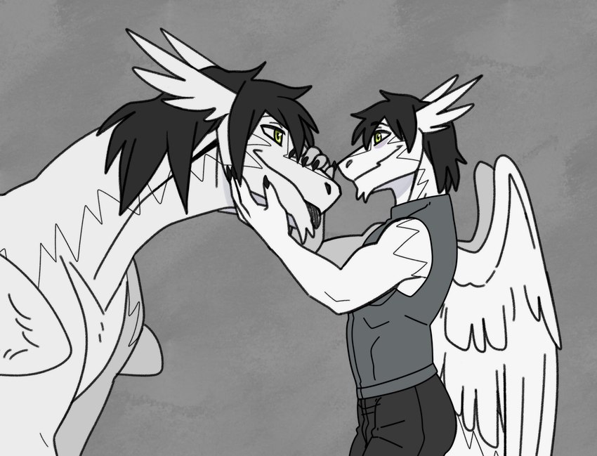 anthro blep clothing duo eye_contact feathered_wings feathers feral green_eyes hair holding_head looking_at_another male smile tongue tongue_out wings nameless00 mythology clei dragon mythological_creature mythological_scalie scalie windragon hi_res