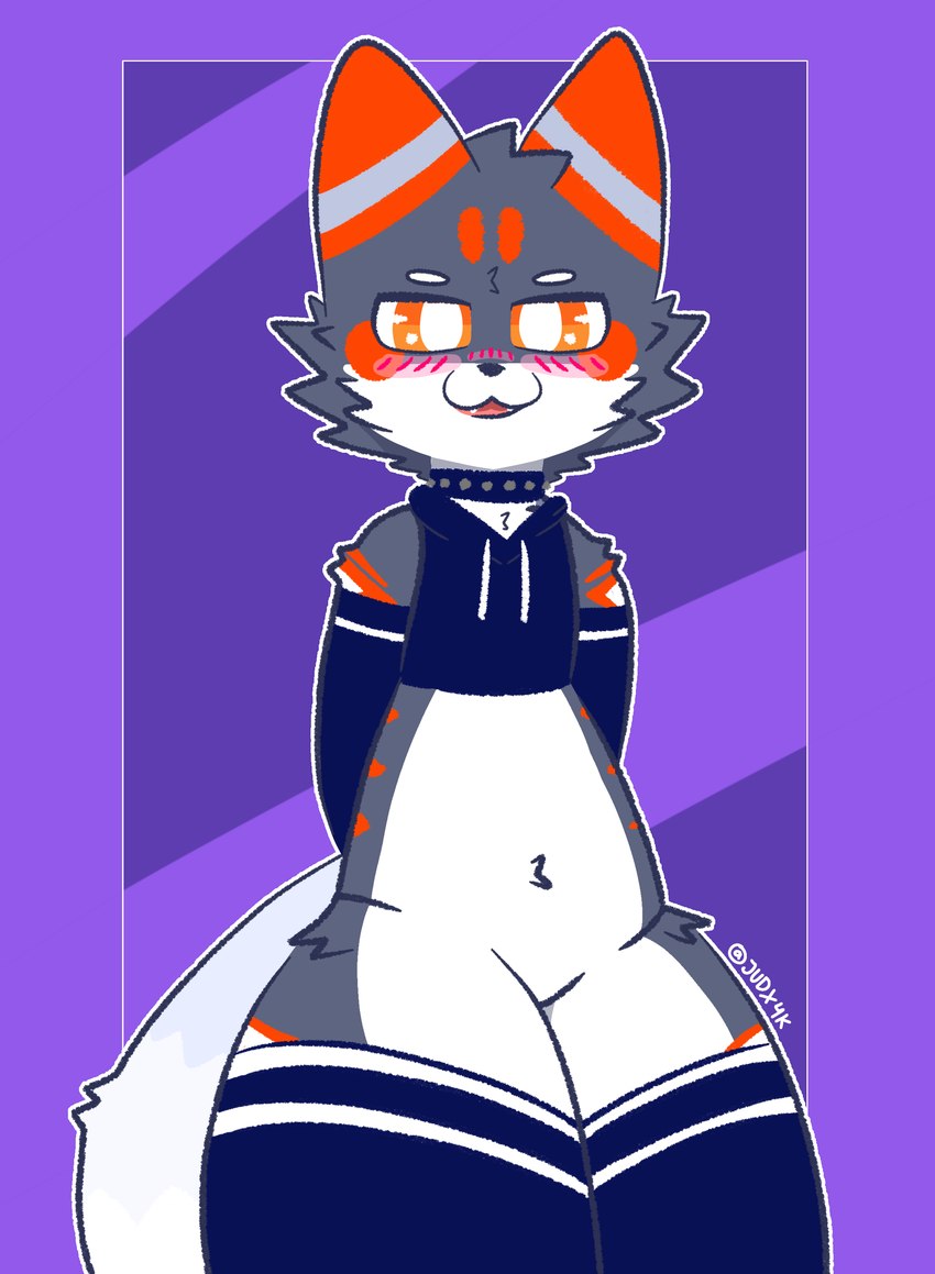 anthro armwear black_background blush clothing collar crop_top elbow_gloves feet femboy front_view fur gloves grey_body grey_fur hands_behind_back handwear kemono legwear male markings open_mouth orange_ears orange_eyes orange_markings purple_background shirt simple_background solo stockings tail teeth topwear white_body white_feet white_fur turix canid canine canis fox mammal absurd_res digital_media_(artwork) hi_res ibispaint_(artwork)