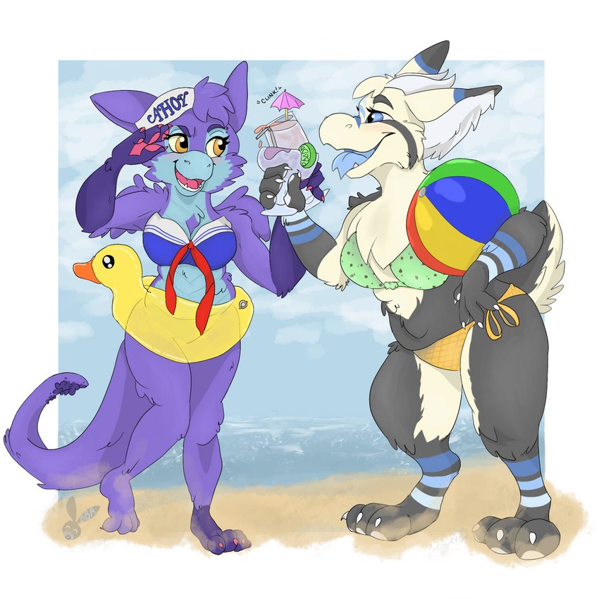 anthro beach clothing duo female julesthefloof pose seaside swimwear tail binkybunnyarts mythology cambria dragon mythological_creature mythological_scalie scalie 1:1 hi_res pinup