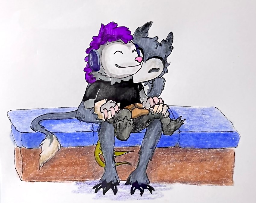 ambiguous_gender cuddling duo electronics feathers femboy/femboy fur grey_body grey_feathers grey_fur hair headphones hug nibbling on_lap purple_hair sitting sitting_on_lap oddhoot mythology flynn_(oddhoot) mango_(oddhoot) american_opossum avian bird gryphon hybrid mammal marsupial mythological_avian mythological_creature owl hi_res trans_(lore)