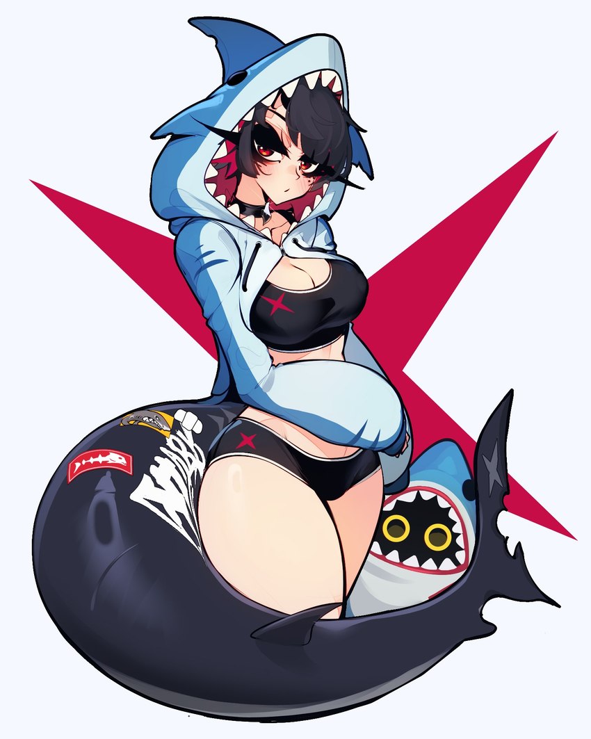 animal_hood big_breasts black_bra black_choker black_clothing black_hair black_jewelry black_necklace black_panties black_underwear blue_clothing blue_hoodie blue_topwear bra breasts choker cleavage clothed clothing duo female fish_tail hair hood_up hoodie jewelry kigurumi long_sleeves looking_at_viewer machine necklace onesie panties red_eyes shark_hoodie shark_tail short_hair simple_background sports_bra tail topwear underwear sachiko2s mihoyo zenless_zone_zero ellen_joe_(zzz) sharkboo animal_humanoid bangboo fish fish_humanoid humanoid marine marine_humanoid robot shark_humanoid tailed_humanoid thiren digital_drawing_(artwork) digital_media_(artwork) hi_res