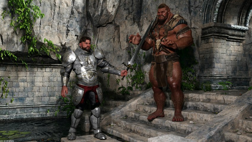 armor beard bottomwear clothing duo facial_hair fangs hairy humanoid_pointy_ears loincloth male melee_weapon pointy_ears sword teeth weapon lex-icon human humanoid mammal orc 16:9 2021 3d_(artwork) digital_media_(artwork) hi_res story story_in_description widescreen