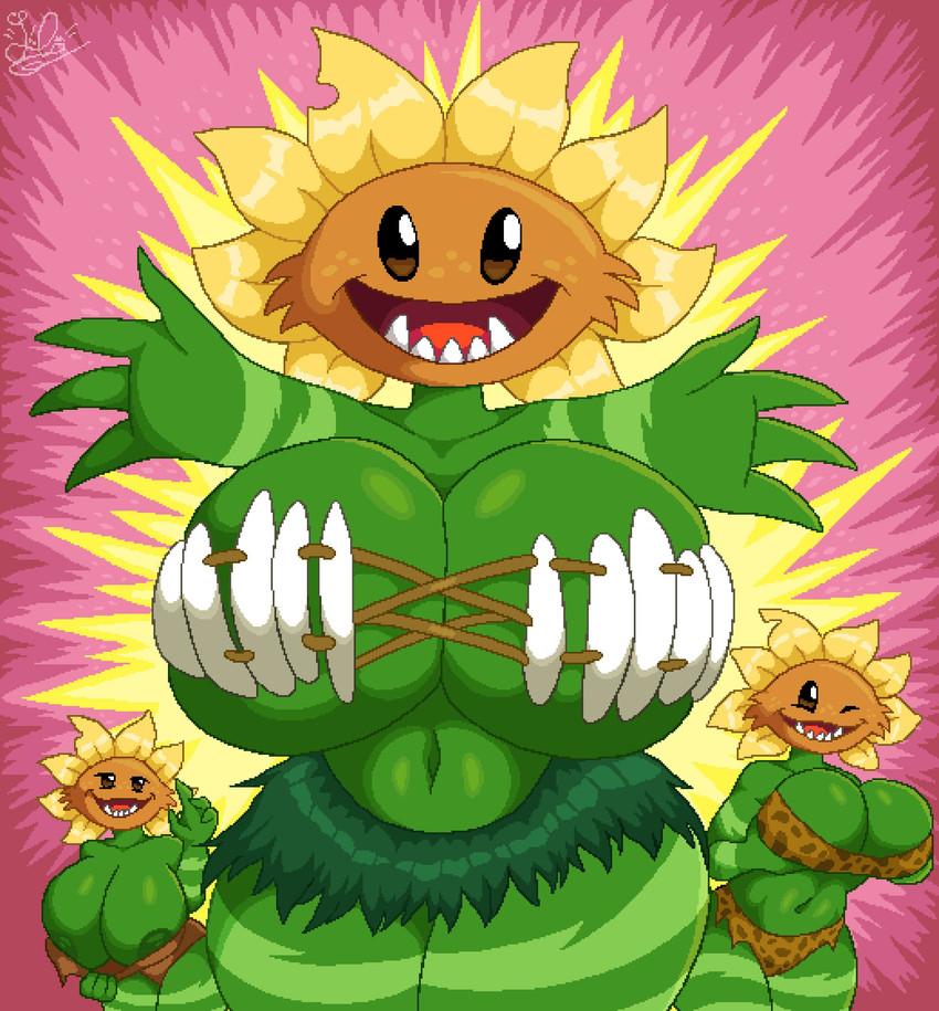 4_fingers abstract_background areola big_breasts breasts cleavage clothed clothing exposed_breasts fangs female fingers flower freckled_face freckles front_view green_body group holding_breast huge_breasts markings narrowed_eyes navel nipples not_furry one_eye_closed open_mouth open_smile partially_clothed plant smile solo_focus striped_markings stripes teeth thick_thighs trio tuft linbun electronic_arts plants_vs._zombies popcap_games elemental_creature elemental_humanoid flora_fauna flower_creature humanoid plant_humanoid primal_sunflower sunflower_(pvz) 2025 aliasing digital_drawing_(artwork) digital_media_(artwork) hi_res signature