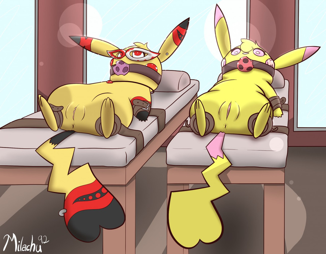 anus ball_gag bdsm blonde_hair bondage bound cleft_tail collar detailed_background duo ear_piercing fangs female feral furgonomics furry-specific_piercing gag gagged genitals hair lying multicolored_body on_back piercing restrained semi-anthro spread_legs spreading strapped_down tail tail_piercing teeth vulva yellow_body milachu92 nintendo pokemon ashley_(ashleypikachu) milachu generation_1_pokemon pikachu pokemon_(species) signature