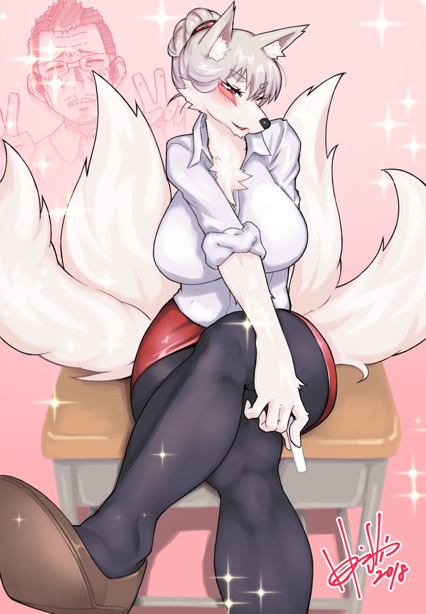 anthro blush bottomwear breasts chalk chest_tuft clothed clothing female female_anthro footwear fur furgonomics grey_hair hair kemono legwear multi_tail pantyhose shirt shoes skirt solo tail tail_through_skirt topwear tuft white_body white_fur horishin tamamo-chan's_a_fox tenko_fushimi canid canine fox mammal 2018 hi_res