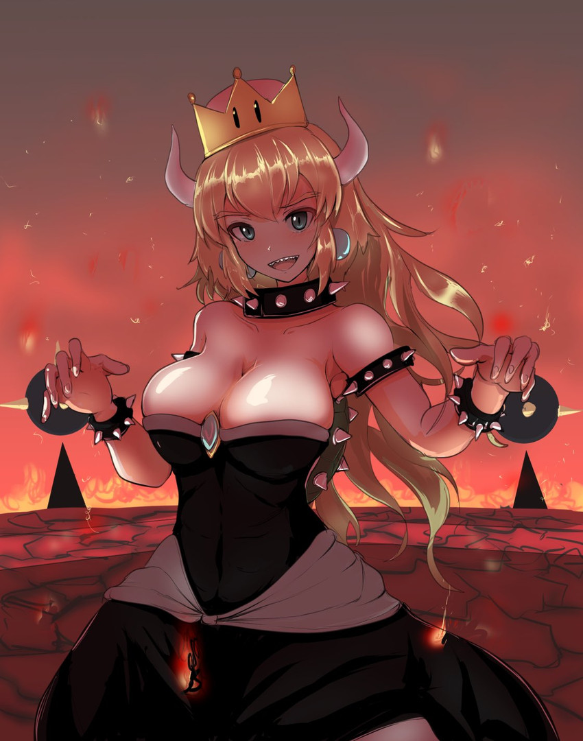 alternate_species blonde_hair breasts clothing collar crossgender crown dress female fire hair headgear horn looking_at_viewer mtf_crossgender smile solo spiked_collar spikes super_crown trude1945oneetyan bowsette_meme mario_bros nintendo bowser animal_humanoid horned_humanoid humanoid koopa_humanoid scalie scalie_humanoid 2018 hi_res meme