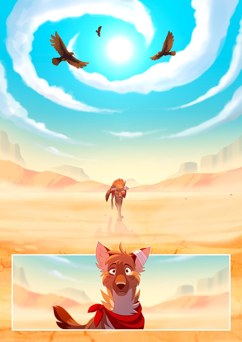 ambiguous_gender blue_sky brown_body brown_fur cloud day desert detailed_background feral flying fur group kerchief male outside quadruped red_kerchief sky sun tail skailla shut_eye steban_(skailla) avian bird canid canine canis domestic_dog mammal 2020 colored comic hi_res