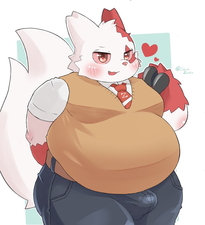 anthro belly big_belly biped blush bulge claws clothed clothing heart_symbol huge_belly looking_at_viewer male open_mouth overweight overweight_male simple_background smile solo thick_thighs wide_hips jimmiezangoo nintendo pokemon generation_3_pokemon pokemon_(species) zangoose 2023 digital_media_(artwork) hi_res