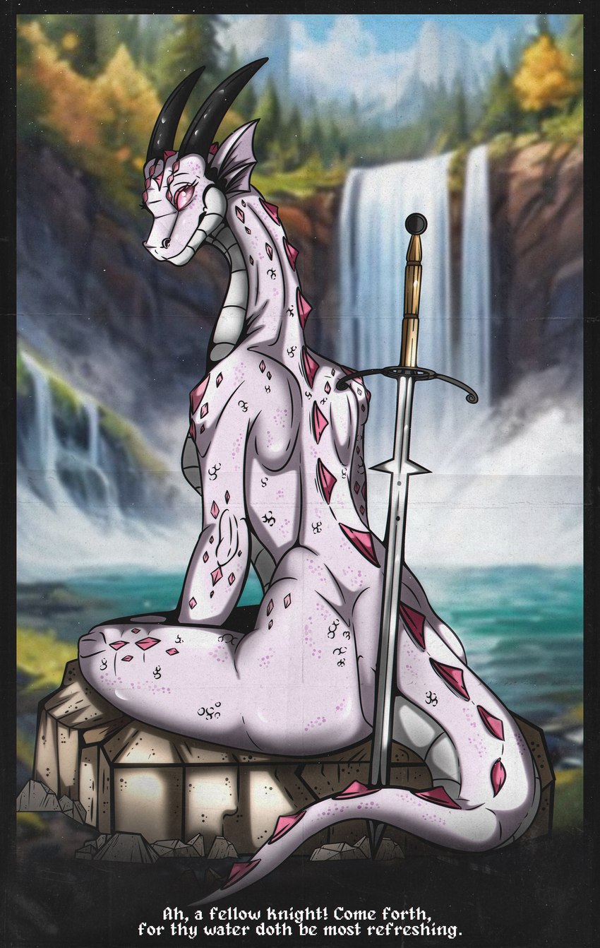 anthro blurred_background female horn knight medium_butt melee_weapon military nude nude_anthro nude_female pink_eyes pink_spot_color plant scales slim smile soldier solo sword tail tasteful tasteful_nudity text tree warrior water waterfall weapon 0l-fox-l0 mythology dragon mythological_creature mythological_scalie reptile scalie absurd_res digital_drawing_(artwork) digital_media_(artwork) english_text hi_res