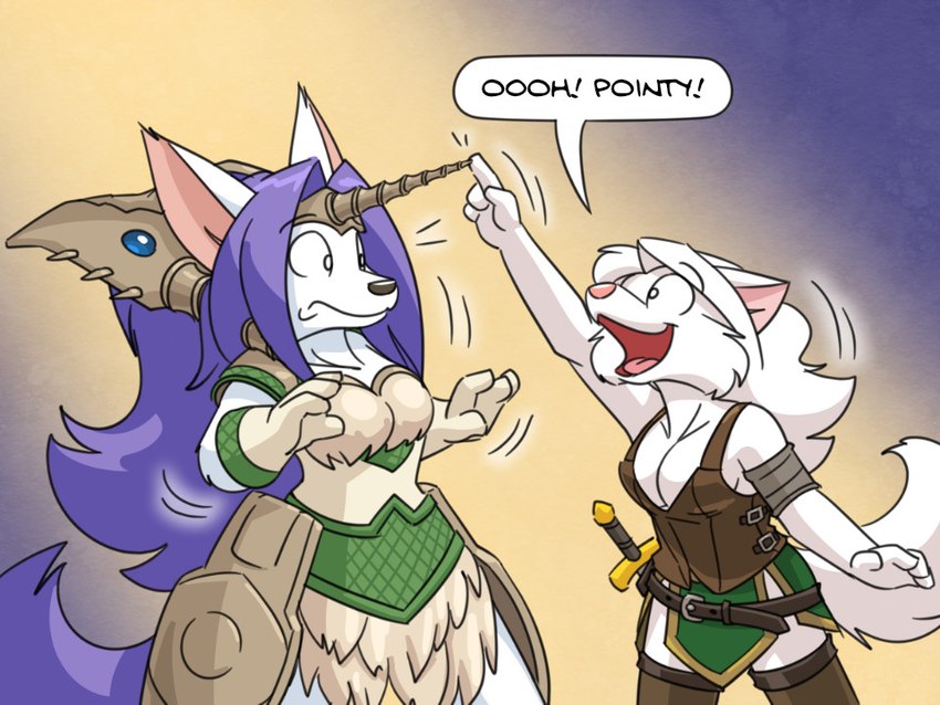 anthro black_nose breasts cleavage clothed clothing duo female fur hair horn melee_weapon open_mouth pink_nose purple_hair sword tail unicorn_horn weapon white_body white_fur white_hair cartoonwolf legend_of_mana mana_(series) square_enix sierra_(mana) silver_(s&s) arctic_fox canid canine fox mammal true_fox 4:3