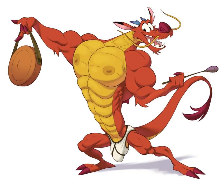 anthro balls bulge clothed clothing genitals gong male muscular muscular_anthro muscular_male musical_instrument nipples non-mammal_balls non-mammal_nipples pecs percussion_instrument simple_background solo tail underwear underwear_only white_background analon_(artist) disney mulan_(1998) mythology mushu_(disney) dragon eastern_dragon mythological_creature mythological_scalie scalie hi_res