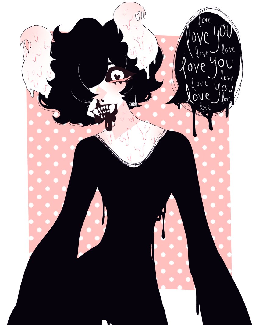 2_horns ambiguous_gender black_sclera dialogue dripping eye_waterline eyelashes fangs heart_eyes heart_symbol horn i_love_you ink melting not_furry pink_body sharp_teeth solo speech_bubble teeth white_eyes dreamalgia bailey_lovell demon demon_humanoid goo_creature goo_humanoid horned_humanoid humanoid 2016 absurd_res hi_res