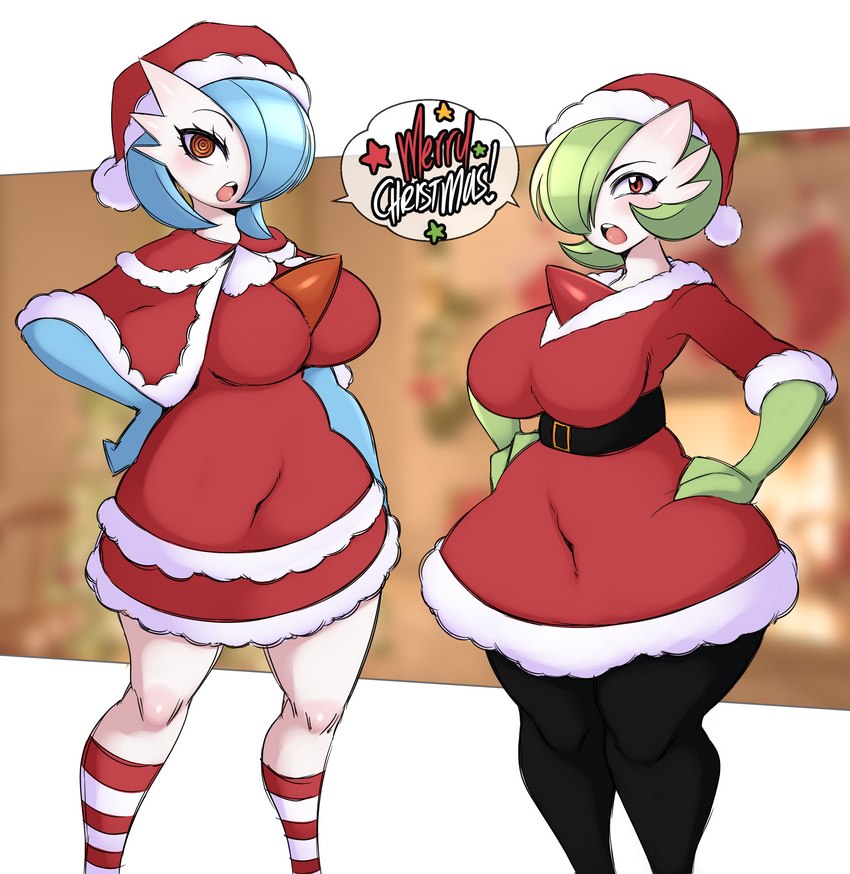 blue_body blush breasts christmas_clothing christmas_headwear clothed clothing costume duo eyelashes female green_body hat headgear headwear holidays looking_at_viewer mantle red_capelet santa_costume santa_hat speech_bubble text thick_thighs thin_calves white_body wide_hips saltyxodium christmas nintendo pokemon gardevoir generation_3_pokemon humanoid pokemon_(species) 2023 absurd_res english_text hi_res