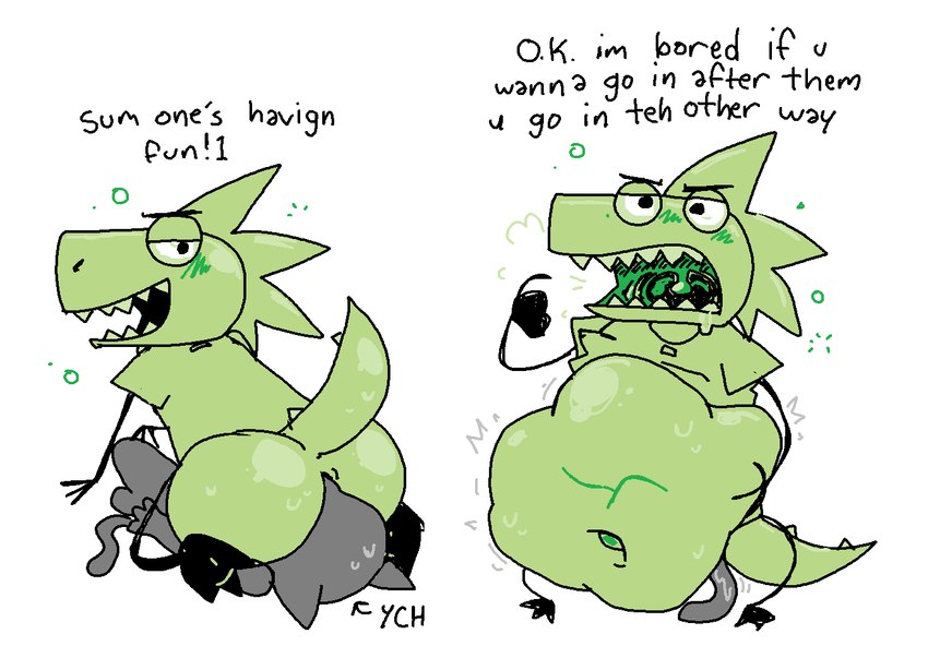 abdominal_bulge anal anal_vore anthro belly big_belly duo facesitting hand_on_belly male male_pred navel open_mouth pointing_at_mouth scales simple_background sitting sitting_on_another soft_vore standing tail teeth text uvula vore white_background pawplants anon anthro_anon sticklizard_(pawplants) canid canine lizard mammal reptile scalie 2025 english_text sequence