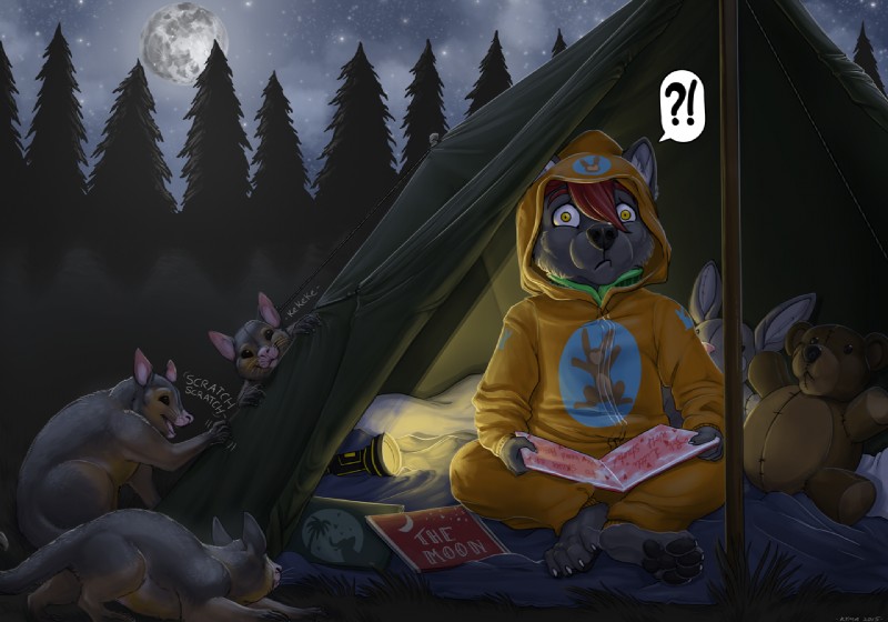 ?! ambiguous_gender anthro bedding blanket book brown_body brown_fur camping clothing detailed_background exclamation_point feet feral flashlight forest fur grass grey_body grey_fur group hair hindpaw male moon night onesie orange_eyes outside pawpads paws plant plushie question_mark red_hair scared sitting sky star starry_sky teddy_bear tent tree wide_eyed yellow_eyes young young_ambiguous young_anthro young_feral young_male kyma american_opossum australian_possum brushtail_possum canid canine canis mammal marsupial wolf 2015