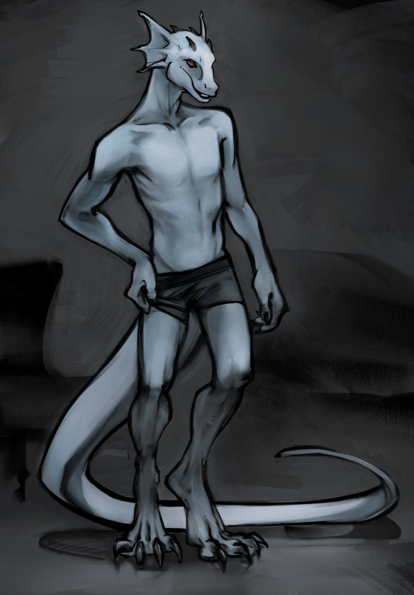 anthro biped black_background black_clothing black_underwear claws clothing grey_body half_naked hand_on_hip lizard_tail long_tail looking_to_right male outline red_eyes shadow simple_background solo tail teeth underwear undressing randarlin space_station_13 zink_shan lizard reptile scalie unathi absurd_res digital_media_(artwork) digital_painting_(artwork) full-length_portrait greyscale hi_res monochrome portrait