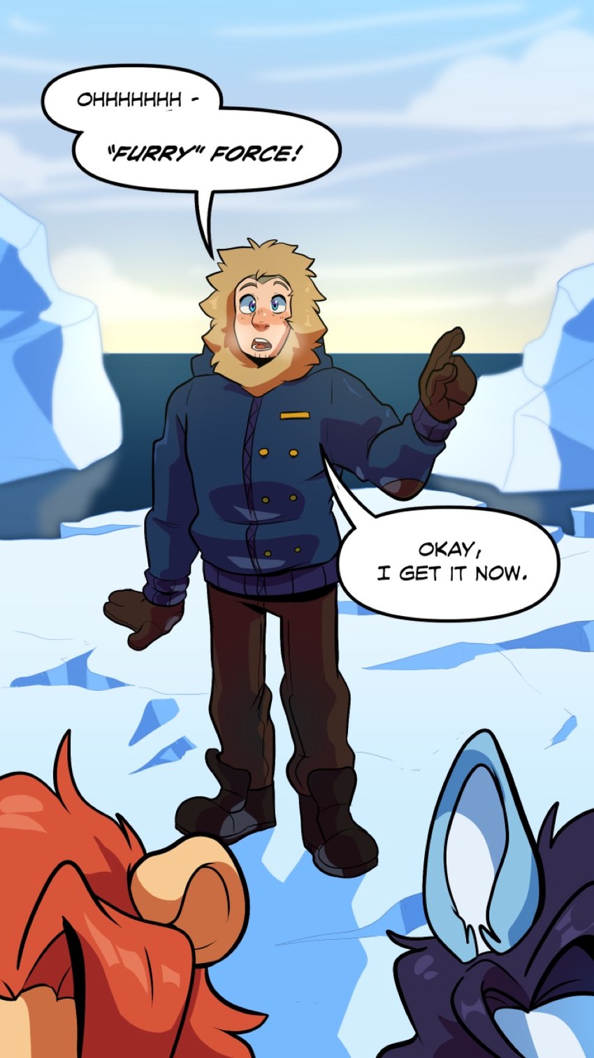 anthro biped blue_eyes blush clothing coat dialogue glacier group handwear hoodie ice male mittens parka quotation_marks realization solo_focus speech_bubble text topwear water komoroshi_(artist) collegehumor furry_force gary_(furry_force) leon_(furry_force) wilson_(furry_force) canid canid_taur canine canine_taur canis felid human lion mammal mammal_taur pantherine taur wolf wolf_taur 2019 comic english_text hi_res