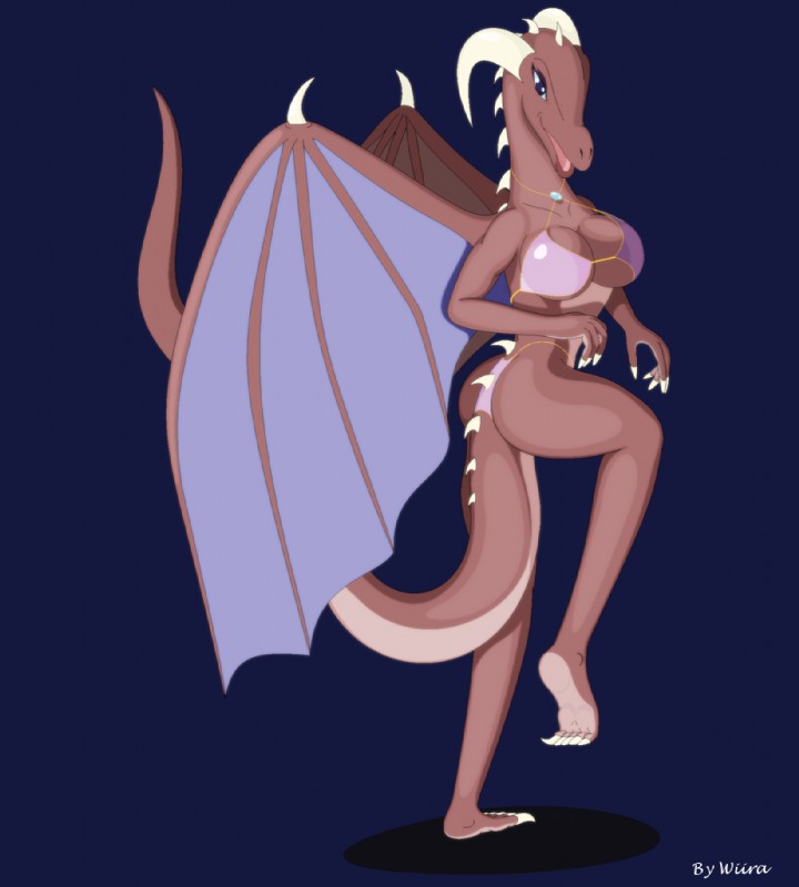 anthro bikini blue_eyes breasts claws clothed clothing female horn looking_at_viewer membrane_(anatomy) membranous_wings non-mammal_breasts skimpy smile solo swimwear tail tight_clothing two-piece_swimsuit underwear walking wings wiira mythology firith dragon mythological_creature mythological_scalie scalie