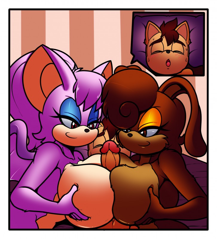 age_difference anthro balls bed big_breasts border breast_play breasts brown_body brown_fur female fur furniture genitals group group_sex huge_breasts male membrane_(anatomy) membranous_wings older_female pillow purple_body purple_fur sex threesome titfuck trio white_border wings young young_anthro younger_male superbunnygt sega sonic_the_hedgehog_(series) bessi_the_bat fan_character phyla xavier_jascoe bat canid canine fox lagomorph leporid mammal rabbit absurd_res hi_res