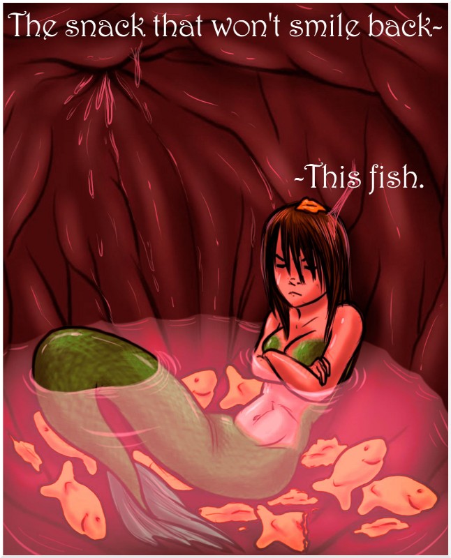 anthro breasts brown_hair eyes_closed female fish_tail food frown green_body green_scales hair internal long_hair non-mammal_breasts scales soft_vore solo split_form text unseen_pred vore jessica-rae-3 marine merfolk english_text hi_res