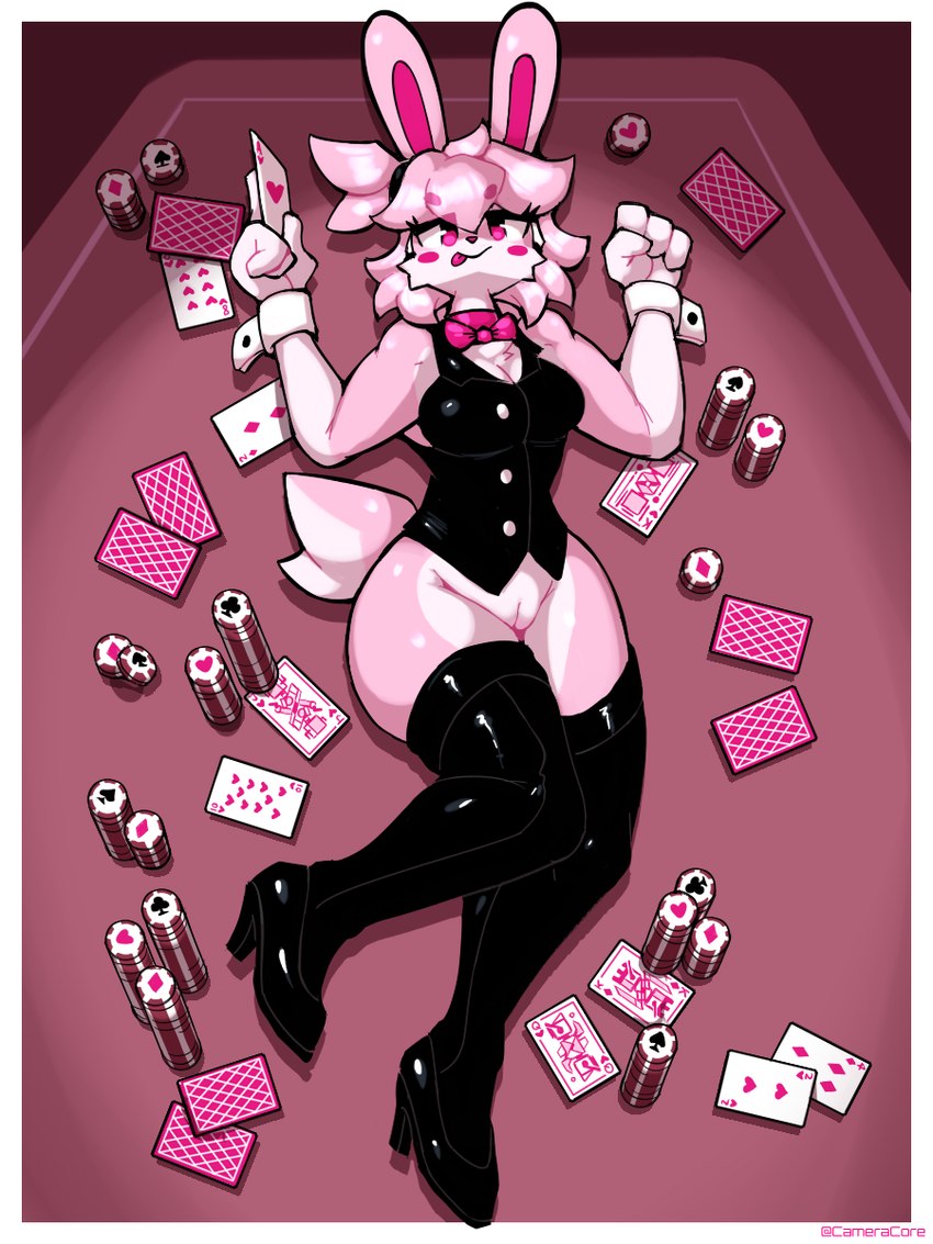 ace_of_hearts anthro black_boots black_clothing black_footwear black_topwear black_vest boots bow_tie bunny_costume card clothing costume eight_of_hearts female footwear four_of_diamonds genitals high_heeled_boots high_heels jack_of_hearts king_of_diamonds legwear lying on_back pink_bow_tie playing_card poker_chip poker_table pussy queen_of_hearts_(card) shirt_collar shirt_cuffs shoes solo stockings ten_of_hearts thigh_boots thigh_highs topwear two_of_diamonds two_of_hearts vest baronflint lagomorph leporid mammal rabbit 3:4 hi_res