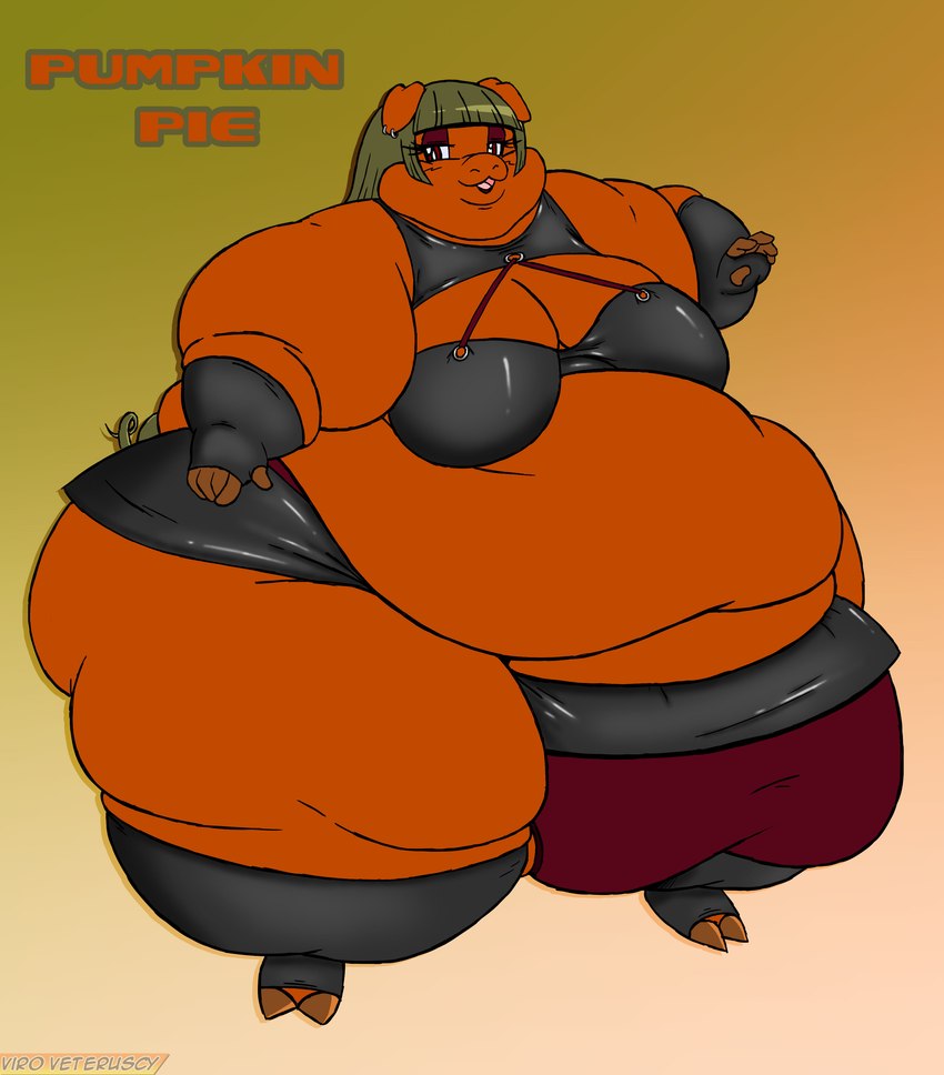 anthro belly big_belly big_breasts bottomwear breasts clothing ear_piercing ear_ring female fingerless_gloves gloves hair handwear huge_thighs morbidly_obese morbidly_obese_anthro morbidly_obese_female obese obese_anthro obese_female open_mouth overweight overweight_anthro overweight_female piercing red_eyes ring_piercing solo text thick_thighs topwear viroveteruscy warning_cream_filled pumpkin_pie_(viroveteruscy) domestic_pig mammal suid suina sus_(pig) absurd_res digital_media_(artwork) english_text hi_res