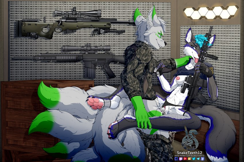 4_toes 5_fingers 6_tails abs anatomically_correct anatomically_correct_genitalia anatomically_correct_penis anatomically_correct_pussy anthro ar-15 arm_tuft armory arsenal assault_rifle athletic athletic_anthro athletic_male belly biceps big_breasts big_dom_small_sub big_hands big_penis black_clothing black_eyebrows black_footwear black_legwear black_nose black_panties black_pawpads black_penis black_socks black_stockings black_underwear blue_clothing blue_eyes blue_hair blue_shirt blue_topwear bodily_fluids bottomwear bottomwear_down box breasts brown_nose butt camo camo_clothing camo_print cheek_tuft claws clothed clothing clothing_aside container crotch_tuft cum cum_drip cum_in_pussy cum_inside cum_pool cum_while_penetrated cumshot digitigrade dipstick_tail dog_tags dominant dominant_anthro dominant_male dripping dripping_pussy duo ear_tuft ejaculation elbow_tuft erection eyebrows eyelashes facial_tuft feet female finger_claws fingerless_gloves fingers fishnet_clothing fishnet_leggings fishnet_legwear fishnet_thigh_highs fluffy fluffy_chest fluffy_ears fluffy_hair fluffy_tail foot_tuft footwear forearms fur furniture genital_fluids genitals gloves glowing glowing_eyes grabbing_neck green_body green_fur green_markings green_tail_tip grey_body grey_fur gun gun_room gun_wall hair hand_on_neck handpaw handwear hard_sex heel_tuft holding_gun holding_object holding_ranged_weapon holding_weapon humanoid_genitalia humanoid_penis inner_ear_fluff larger_male leather leather_clothing leather_gloves leather_handwear led_light leg_grab leggings legs_around_partner legs_around_waist legwear lights lingerie lingerie_panties long_orgasm looking_pleasured m24 m24_a3 m4 male male/female male_penetrating markings military military_uniform multi_tail muscular muscular_anthro muscular_male muscular_thighs navel neck_grab neck_tuft neckwear nipples on_table orgasm panties panties_aside pants pants_down partially_clothed pattern_clothing pawpads paws penetration penis pink_nipples pink_pawpads pink_pussy pink_tongue police police_badge police_officer police_uniform precision_rifle pubes purple_body purple_fur purple_markings pussy raised_clothing raised_topwear ranged_weapon rifle rifle_scope rifles rough_sex scope sex shirt short_hair side_butt sitting sitting_on_table size_difference slim small_waist smaller_female smaller_penetrated smile smiling_at_another smiling_at_partner smirk smirking_at_partner sniper sniper_rifle socks spiky_hair sr-25/m110 standing stockings t-shirt table tail tail_markings teeth text thick_thighs thigh_highs thigh_socks toe_claws toes toned_stomach tongue tongue_out topwear topwear_lift triceps tuft underwear underwear_aside uniform vaginal vaginal_fluids vaginal_penetration vein veiny_penis weapon white_body white_fur white_inner_ear_fluff white_markings white_neck wood wood_furniture wood_table wooden_box snaketeeth12 kyrathewulf nyaco canid canine canis fox mammal true_fox wolf 3:2 digital_media_(artwork) english_text hi_res url