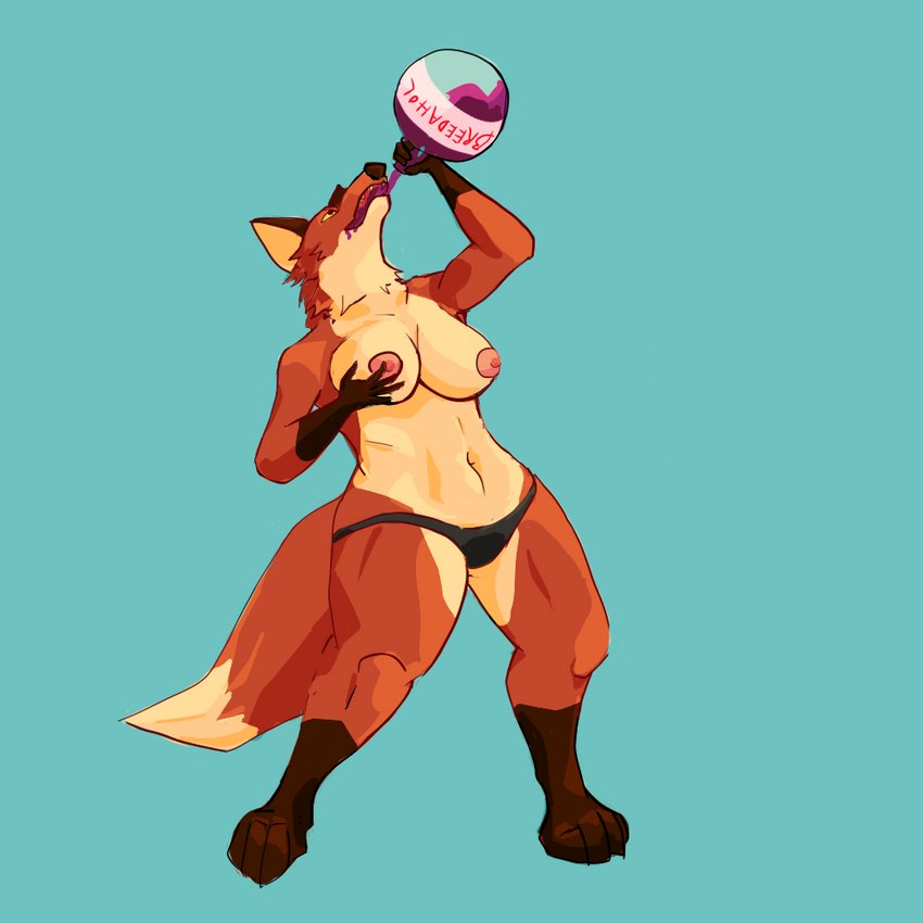 anthro big_breasts breasts clothing drinking_potion female holding_breast holding_object holding_potion label nipples potion potion_bottle potion_label solo underwear analog_raccoon canid canine fox mammal 1:1