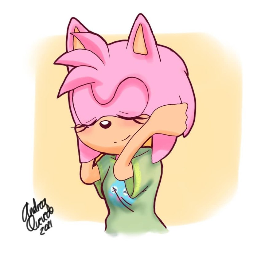 anthro black_nose blush clothing eyelashes female fur glossy_eyed pink_body pink_fur shirt simple_background solo topwear andreasonicka sega sonic_the_hedgehog_(series) amy_rose eulipotyphlan hedgehog mammal 1:1 signature