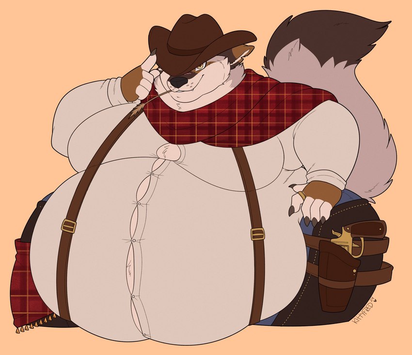 anthro belly belly_overhang big_belly brown_body brown_fur button_(fastener) chewing_grass chubby_cheeks claws clothed clothing cowboy cowboy_hat dipstick_tail facial_scar fur grin gun hand_on_hip handgun hat headgear headwear holster holstered_pistol male markings moobs morbidly_obese morbidly_obese_anthro morbidly_obese_male obese obese_anthro obese_male overweight overweight_anthro overweight_male pattern_clothing pattern_scarf plaid plaid_clothing plaid_scarf ranged_weapon scar scarf smile snout snout_scar solo straining_buttons suspenders tail tail_markings thick_thighs weapon wide_hips kittyfred reppu canid canine canis coyote mammal hi_res