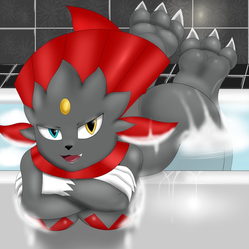 3_toes anthro barefoot bath bathing bathroom bathtub blue_eyes breasts feet female heterochromia multicolored_eyes nails plantigrade soles solo toes water yellow_eyes prismosis nintendo pokemon canopus_(prismosis) generation_4_pokemon pokemon_(species) weavile 1:1 absurd_res hi_res