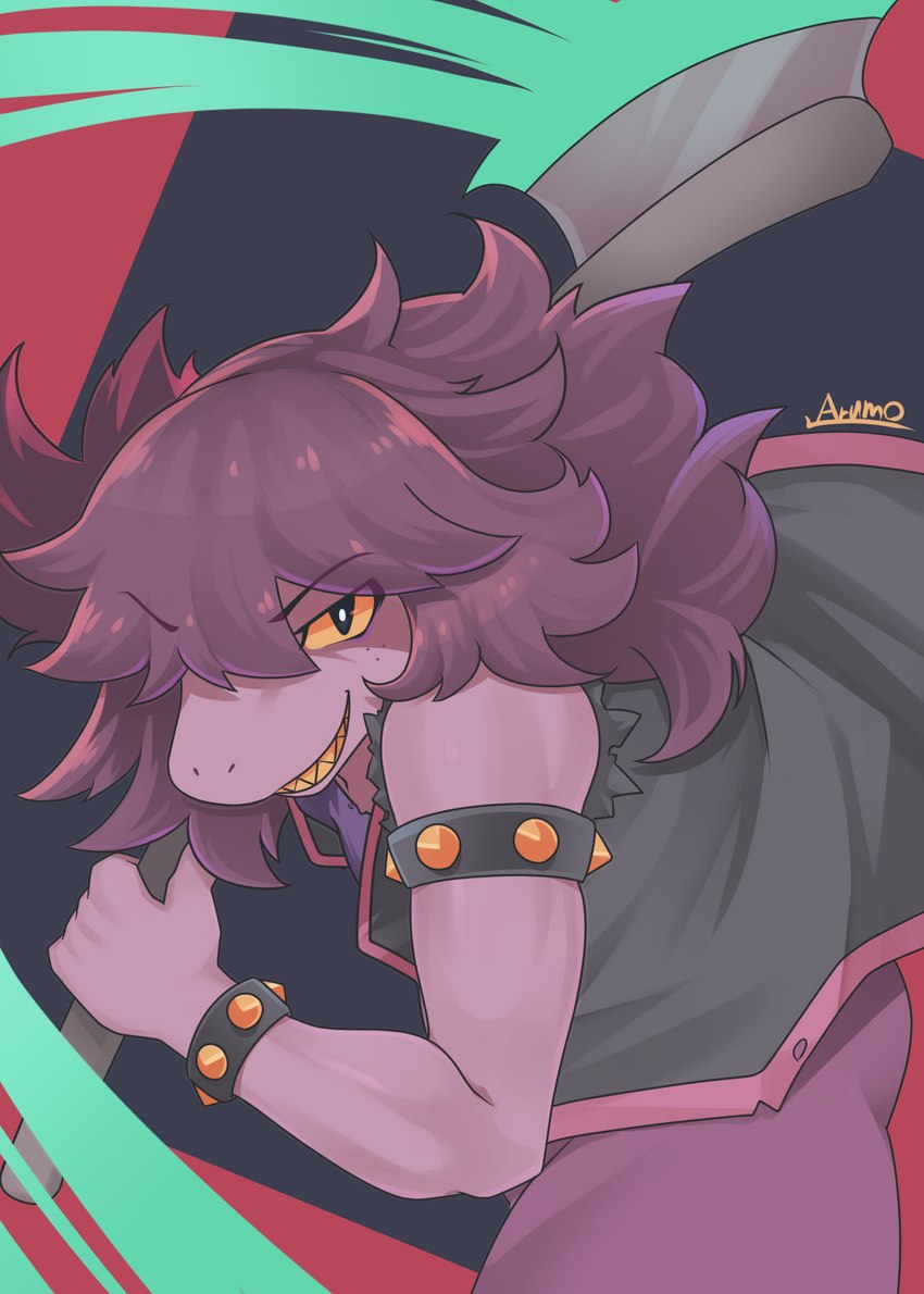 anthro axe female freckles hair holding_axe holding_object looking_at_viewer pink_body purple_hair sharp_teeth simple_background smile solo teeth arumo deltarune undertale_(series) susie_(deltarune) scalie 2021 hi_res