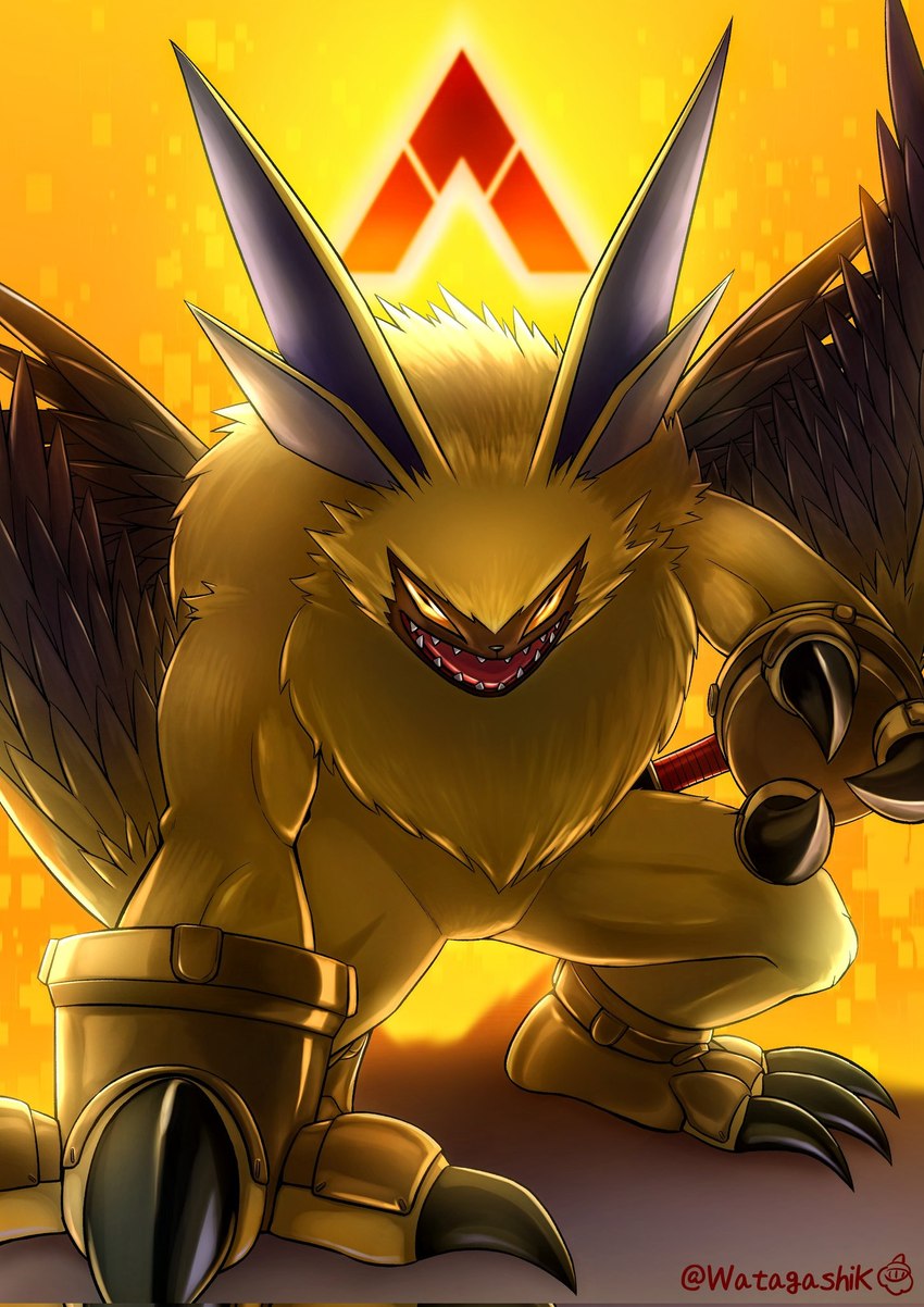 angry anthro claws fluffy fluffy_chest fur long_ears male muscular muscular_anthro muscular_male orange_eyes sharp_teeth solo teeth winged_arms wings yellow_body yellow_fur watagashikn bandai_namco digimon digimon_ghost_game digimon_(species) lamortmon monster hi_res