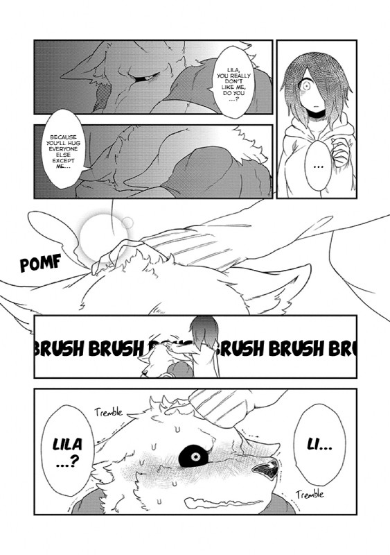 anthro clothing dialogue female fur kemono male text yakantuzura lila_(kashiwagi_aki) zinovy canid canine human mammal comic english_text hi_res monochrome translated