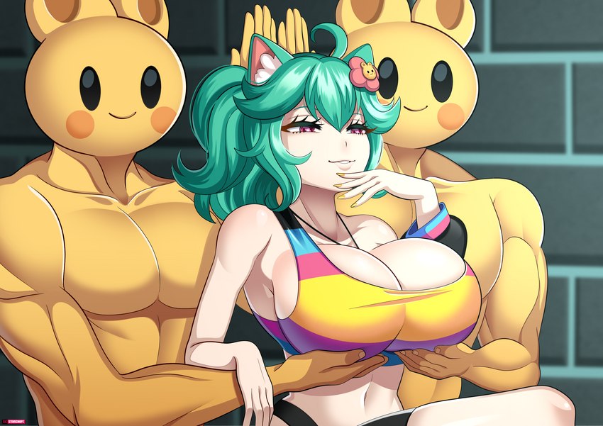 anthro big_breasts breast_rest breasts cleavage clothed clothing female green_hair group hair hand_on_breast male trio stevechopz record_of_ragnarok servants_holding_aphrodite's_breasts_(meme) vchiban vtuber rosedoodle_(character) animal_humanoid cat_humanoid felid felid_humanoid feline feline_humanoid humanoid mammal mammal_humanoid hi_res