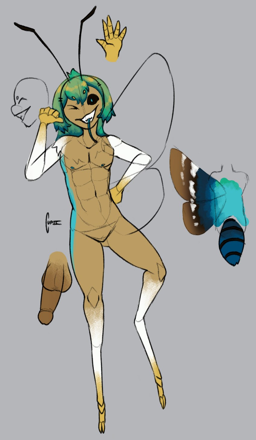 antennae_(anatomy) anthro athletic black_eyes genitals green_hair hair long_tongue male penis small_tail solo tail tongue wings cupic animal_humanoid arthropod arthropod_humanoid butterfly butterfly_humanoid humanoid insect insect_humanoid lepidopteran lepidopteran_humanoid hi_res