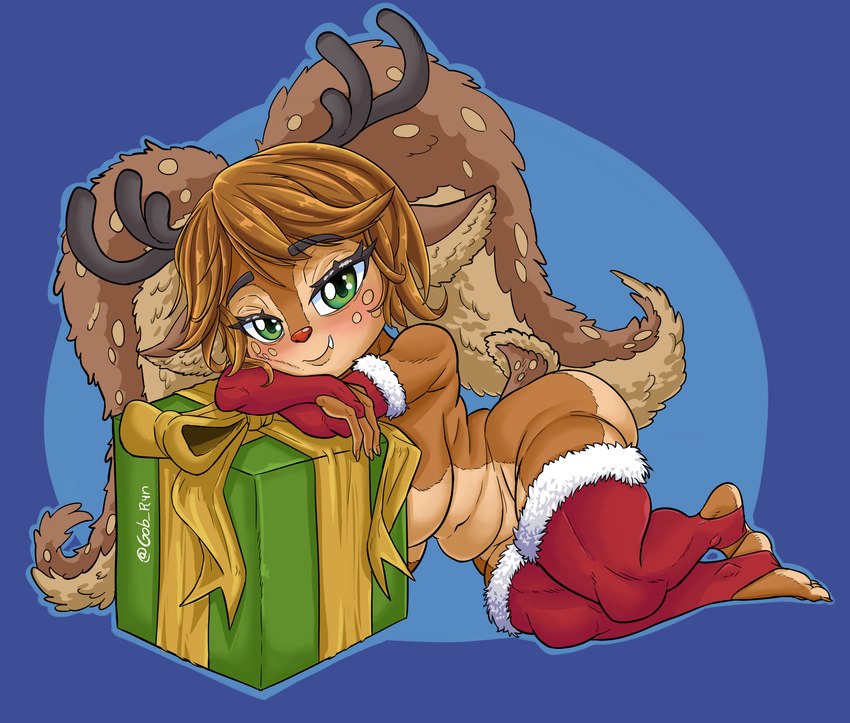 anthro antlers armwear big_breasts black_antlers black_horn blue_background blush box breasts brown_body brown_fur brown_hair clothing container female freckled_face freckles fur gift_box green_eyes hair holidays horn legwear looking_at_viewer lying navel nude on_side red_armwear red_clothing red_legwear red_nose red_thigh_highs short_stack simple_background slightly_chubby smile snaggle_tooth solo tan_body tan_fur thick_thighs thigh_highs wide_hips gob_r4n christmas league_of_legends riot_games tencent poppy_(lol) snow_fawn_poppy_(lol) deer hybrid mammal yordle absurd_res hi_res