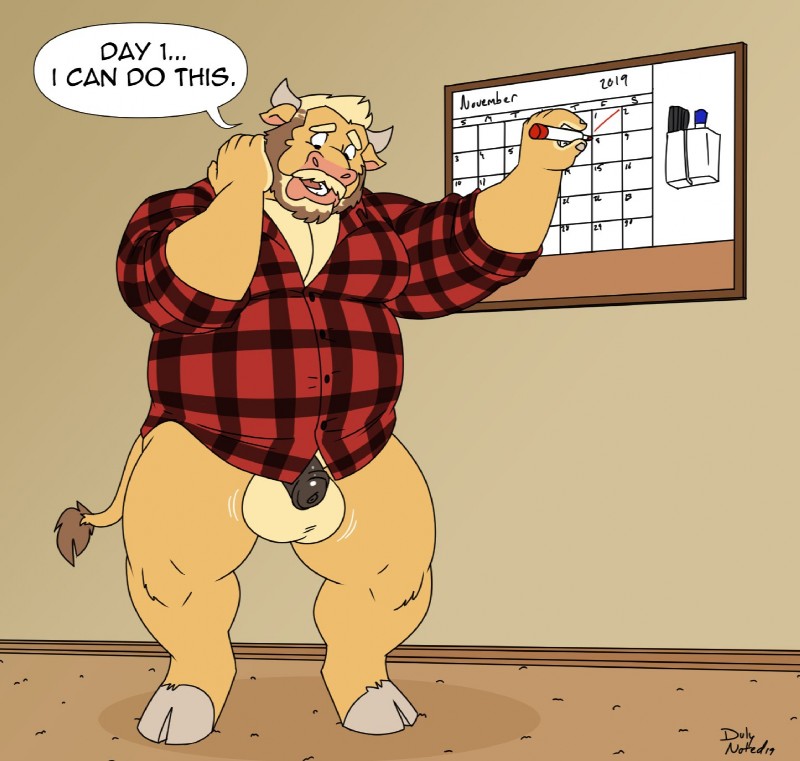 animal_genitalia animal_penis anthro balls beard belly bottomless calendar clothed clothing cloven_hooves facial_hair flaccid genitals hooves horn male marker mustache overweight overweight_anthro overweight_male penis plaid solo speech_bubble text duly_noted no_nut_november duly_(character) bovid bovine cattle mammal 2019 english_text hi_res meme