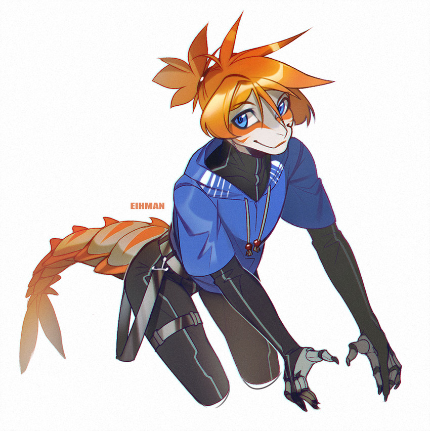 5_fingers anthro clothed clothing fingers hair hoodie looking_at_viewer male orange_hair simple_background solo topwear white_background eihman arthropod crustacean marine shrimp 2020 digital_media_(artwork)