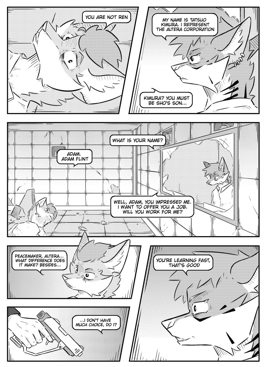 ambiguous_gender anthro broken_mirror clothed clothing dialogue duo ear_piercing examination_room gun handgun inner_ear_fluff inside observation_window piercing pistol ranged_weapon simple_background speech_bubble text tuft weapon kifyun2 adam_flint tatsuo_kimura canid canine fox mammal absurd_res black_and_white comic english_text greyscale hi_res monochrome