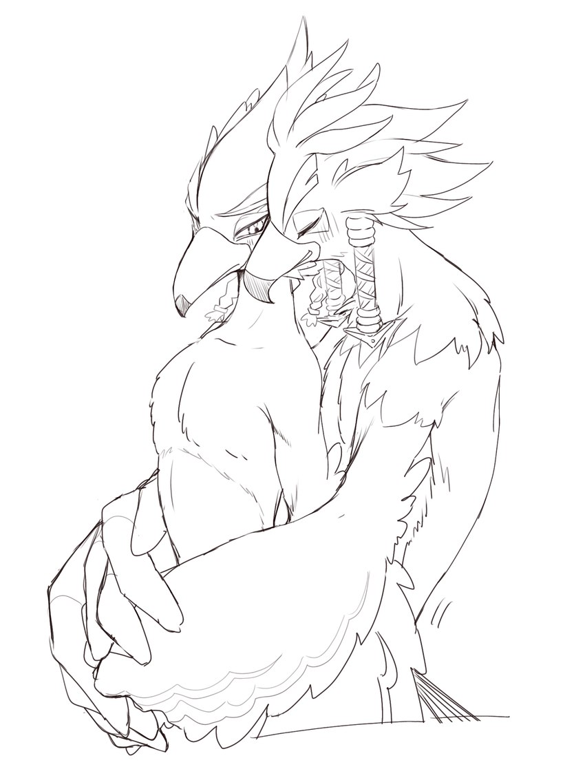 anthro beak braided_pseudo_hair duo feathers hug hugging_another hugging_from_behind male male/male nude wings toa_72 breath_of_the_wild nintendo the_legend_of_zelda revali teba_(tloz) avian bird rito 3:4 hi_res sketch