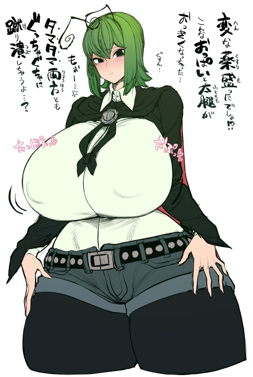 antennae_(anatomy) belt big_breasts black_eyes bottomwear breasts capelet clothed clothing curvy_figure female green_hair hair hotpants huge_breasts legwear nipple_outline not_furry shorts solo sound_effects text thick_thighs tights voluptuous voluptuous_female wide_hips space_zin touhou wriggle_nightbug animal_humanoid arthropod arthropod_humanoid humanoid insect insect_humanoid hi_res japanese_text translation_request