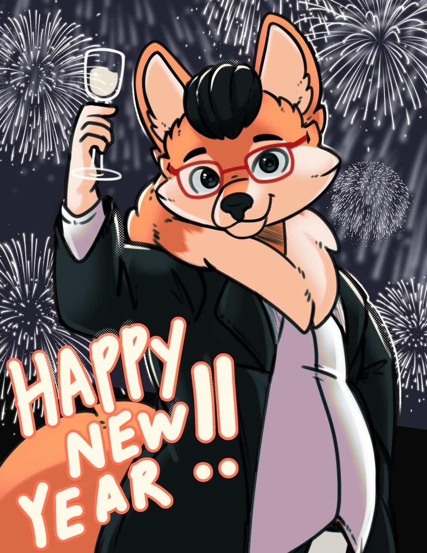 anthro beverage clothing eyewear fireworks fur glasses holding_beverage holding_object holidays looking_at_viewer male neck_tuft orange_body orange_fur solo suit tan_body tan_fur toasting tuft drokmars new_year new_year_2024 canid canine fox mammal absurd_res hi_res