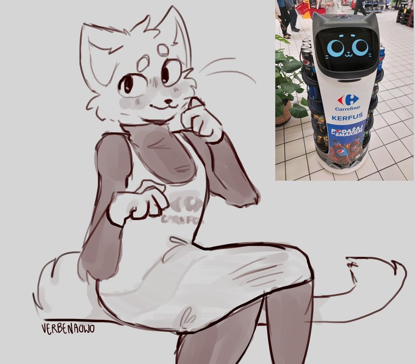 anthro anthrofied apron clothing femboy logo machine male reference_image screen screen_face solo verbenaowo carrefour pudu_robotics kerfus bellabot domestic_cat felid feline felis mammal robot 2022 hi_res monochrome sepia