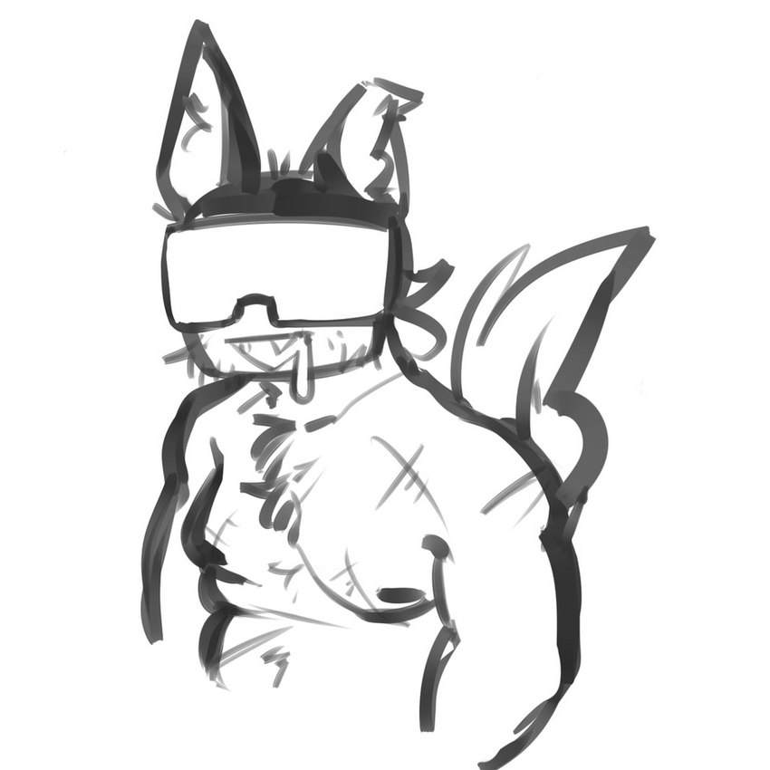 armor black_body black_fur bodily_fluids body_hair canine_ears chest_hair drooling eyewear fangs fur goggles headgear helmet male nipple_piercing nipples piercing saliva scar shirtless solo tail teeth wolf_tail snackxx tankmen tankman canid canine canis humanoid mammal wolf 1:1 monochrome