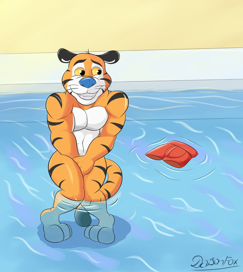 accident accidental_exposure anthro bottomwear clothing covering covering_crotch covering_self embarrassed fur male mascot nude orange_body orange_fur pool public public_nudity shorts solo standing stripes underwater water daison_the_fox frosted_flakes kellogg's tony_the_tiger felid mammal pantherine tiger hi_res