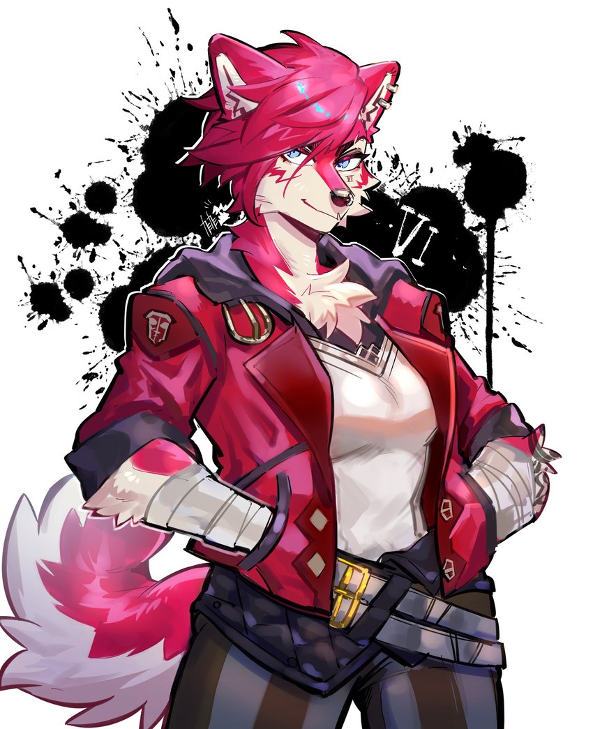 alternate_species anthro bandage blue_eyes bottomwear chest_tuft clothing ear_piercing facial_piercing female female_anthro furrification hair hand_in_pocket jacket kemono looking_at_viewer nose_piercing pants piercing pink_body pink_hair pockets solo topwear tuft kamikami league_of_legends riot_games tencent vi_(lol) canid canine canis mammal wolf hi_res