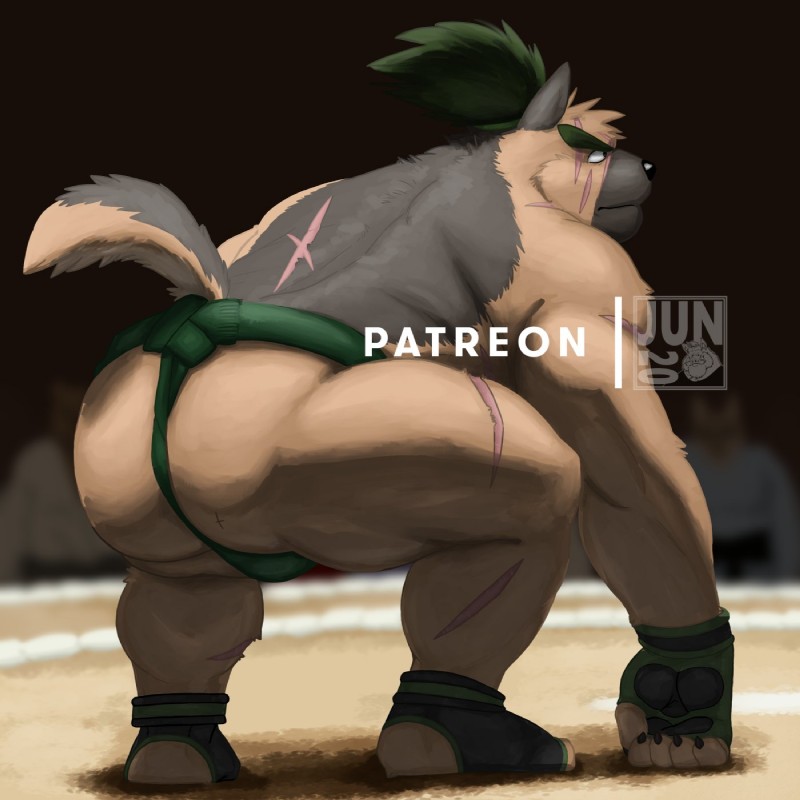 anthro black_nose brown_body brown_fur bulge butt dohyo fighting_ring fur humanoid_hands male overweight overweight_anthro overweight_male scar solo sumo sumo_ring bigboarjun fb1907 lifewonders tokyo_afterschool_summoners yasuyori_(tas) canid canine canis domestic_dog mammal 1:1 2020 hi_res